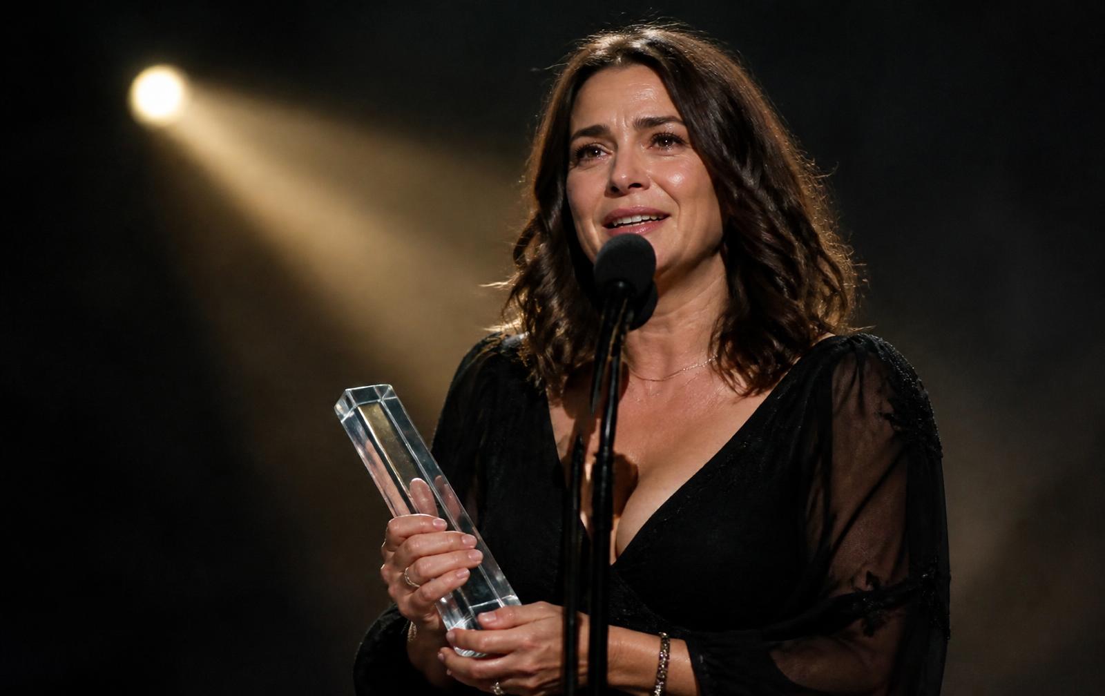 Award recipient speaking on stage while holding a glass award