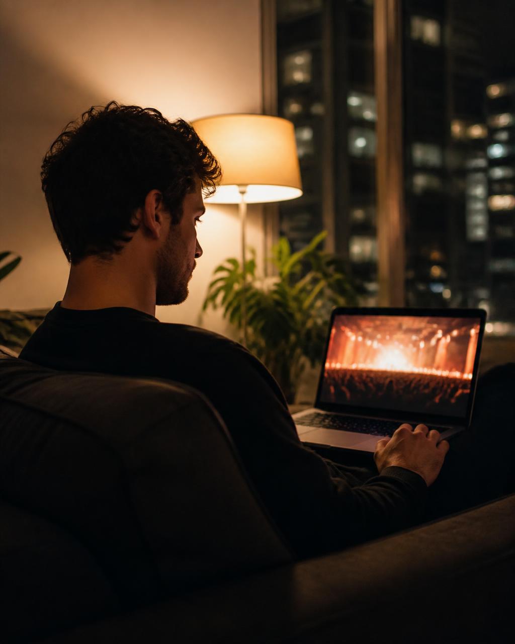 Viewer watching a live event broadcast on a laptop at home in the evening