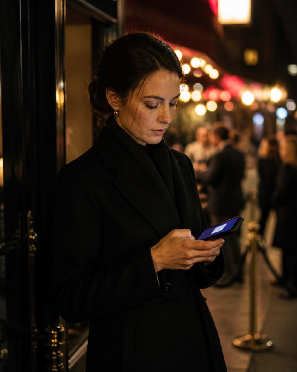 Guest checking her event ticket on a phone outside a venue at night